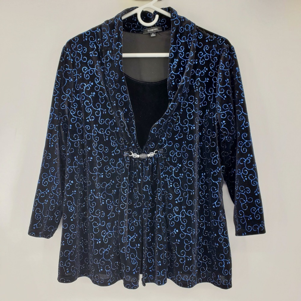 Elementz Womens XL Blue Glitter Velvet Black Top Whimsigoth Fairy Grunge Evening